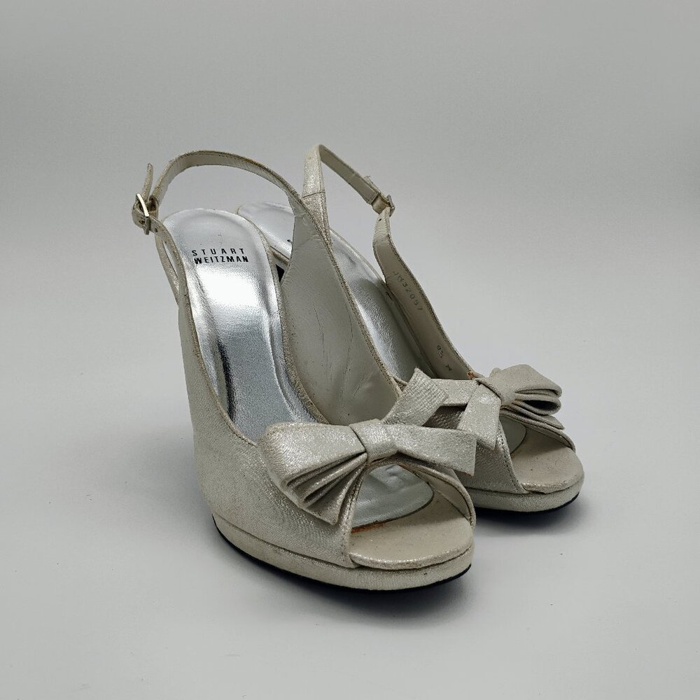 Stuart Weitzman Silver Suede Open Toe Slingback H… - image 1